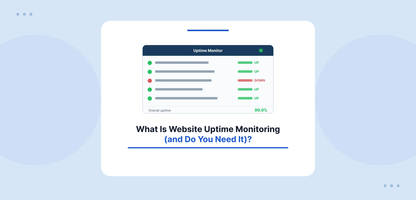 Uptime monitoring dashboard showing five status rows with green UP and one red DOWN indicator, and an overall uptime of 99.9%.