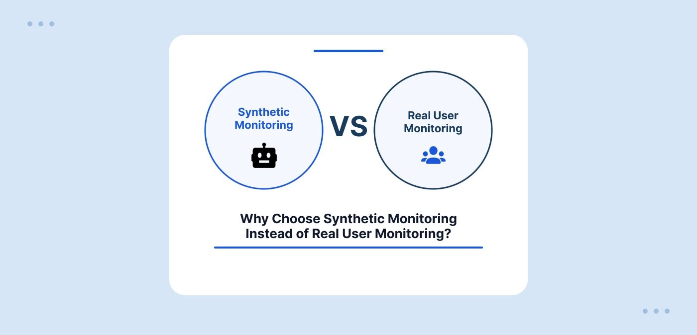 Two circular diagrams side by side — Synthetic Monitoring and Real User Monitoring — with a bold VS between them.